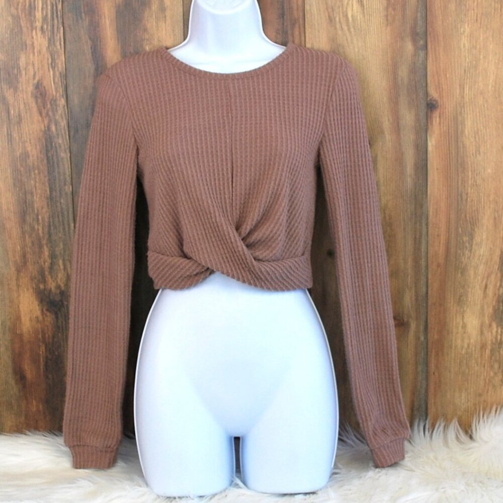 Sky & Sparrow Women's Cropped Twist Front Thermal Top Taupe S